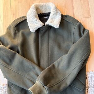 The Kooples Dark Green Jacket with Cream Sherpa Collar